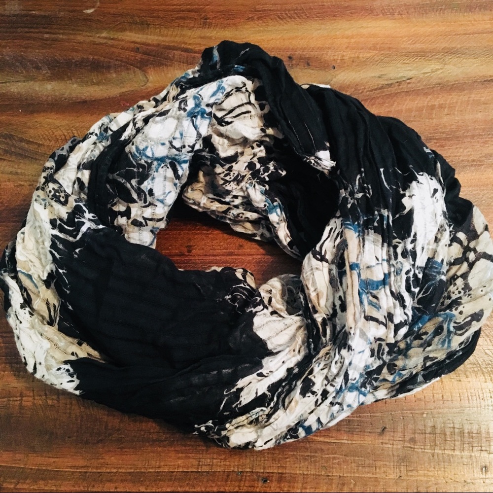 Black, Blue, Tan, & White Floral Printed Scarf